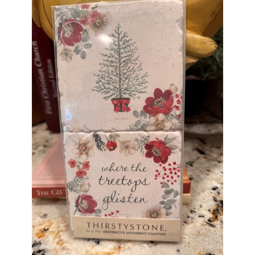 Thirstystone Set Of 4 Coasters Holiday Tradition Tumbled Tile 4”x4” Cork Back
